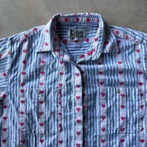 VTG JEANS WEAR COTTON BUTTON DOWN STRIPED HEARTS SHIRT MENS MEDIUM BOXY 00S Y2K